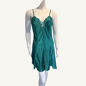 L.A. Intimates Vintage Teal Satin Chemise Medium Backless Lace Bust V-Neck Slip